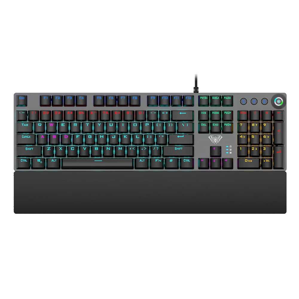 AULA F2058 Wired Mechanical Gaming RGB Backlight Keyboard With Media Knob & Handrest | Black, Blue Switch (F2058B)
