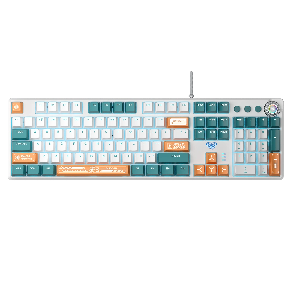 Aula F2088Pro Mechanical Gaming Keyboard With Knob | White + Orange + Blue, Blue Switch (F2088Pro WOB)