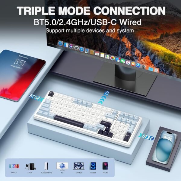 Refurbished AULA F99 Three Mode Mechanical Gaming Keyboard Ice Blue, Reaper Switch (R-F99IUR) - Image 2