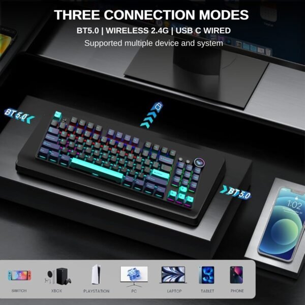 AULA M75 Tri-Mode (2.4G/Bluetooth/Wired) Mechanical Gaming Keyboard With Knob | Blue+Black+Green (Blue Switch) (M75GB) - Image 7